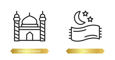 two editable outline icons from religion concept. thin line icons such as mosque and minaret, isha vector. © IconArt