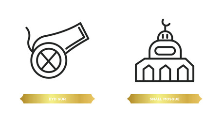 two editable outline icons from religion concept. thin line icons such as eyd gun, small mosque vector.