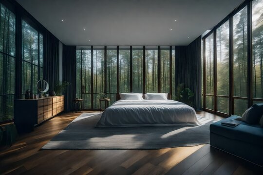 a bedroom witha wall of windows overlookinga forest