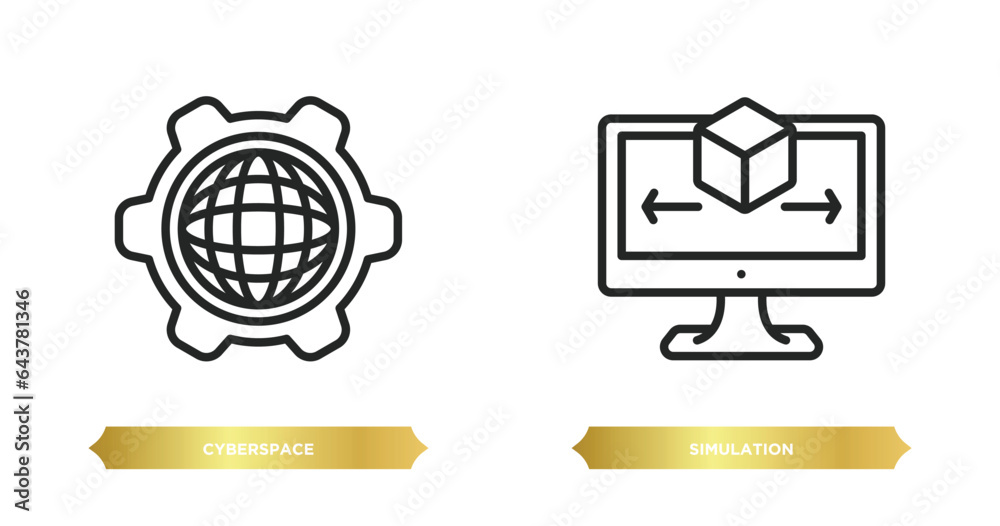 Poster two editable outline icons from programming concept. thin line icons such as cyberspace, simulation 
