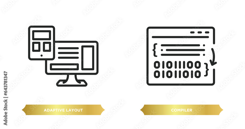 Poster two editable outline icons from programming concept. thin line icons such as adaptive layout, compil