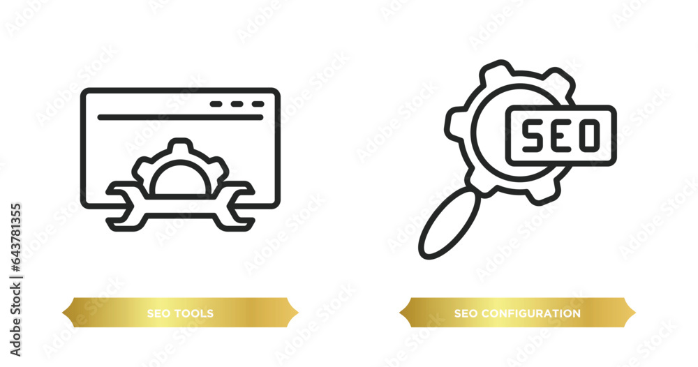 Poster two editable outline icons from programming concept. thin line icons such as seo tools, seo configur