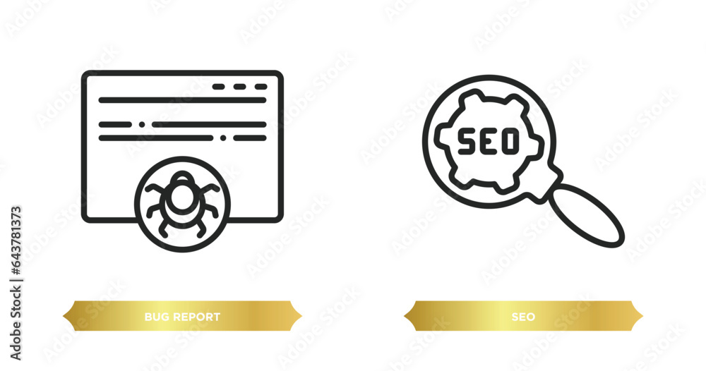 Poster two editable outline icons from programming concept. thin line icons such as bug report, seo vector.