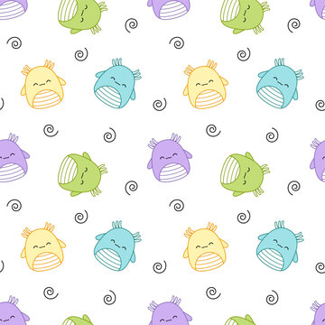Cute newts on seamless pattern. Squishmallow. Background with newt. Kawaii, vector