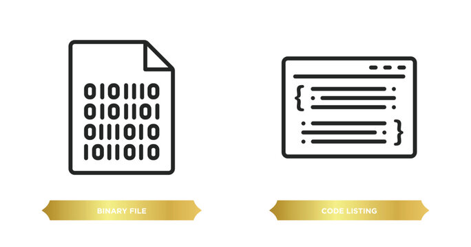 two editable outline icons from programming concept. thin line icons such as binary file, code listing vector.