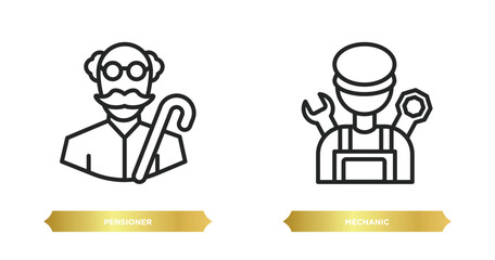 two editable outline icons from professions concept. thin line icons such as pensioner, mechanic vector.