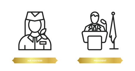 two editable outline icons from professions concept. thin line icons such as air hostess, president vector.