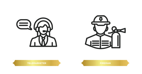 two editable outline icons from professions concept. thin line icons such as telemarketer, fireman vector.