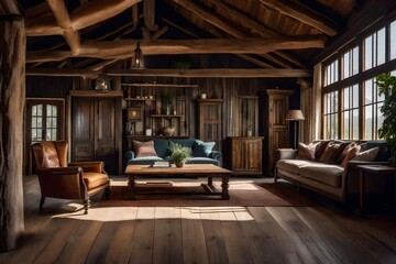 a rustic living room with  wooden beams and vintage furniture