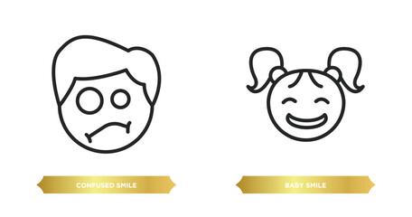 two editable outline icons from people concept. thin line icons such as confused smile, baby smile vector.