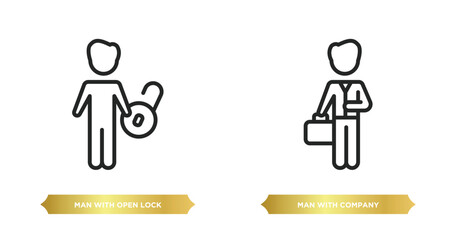 two editable outline icons from people concept. thin line icons such as man with open lock, man with company vector.