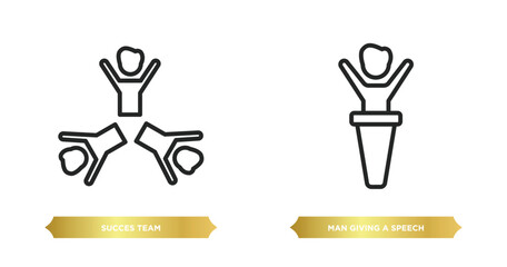 two editable outline icons from people concept. thin line icons such as succes team, man giving a speech vector.