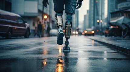 a man walking on the street with a prosthetic leg