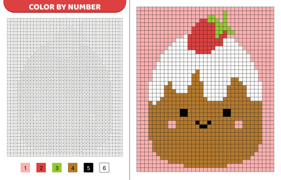 Cake squishmallow. Color by number. Pixel coloring book. Numbered squares. Game for kids. Vector