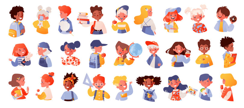 Set of vector illustrations with portraits of small smiling children. Diverse boys and girls schoolchildren and preschoolers in various situations.  Multiethnic, different race and ages.