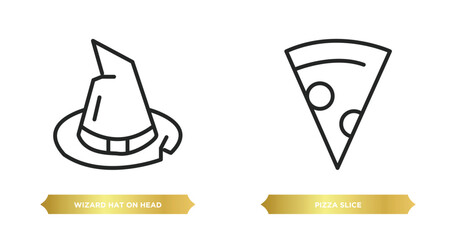 two editable outline icons from party concept. thin line icons such as wizard hat on head, pizza slice vector.