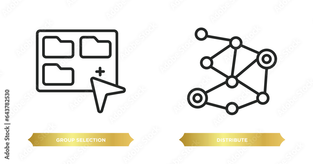 Poster two editable outline icons from networking concept. thin line icons such as group selection, distrib