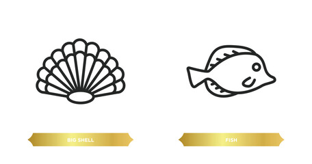 Fototapeta premium two editable outline icons from nautical concept. thin line icons such as big shell, fish vector.