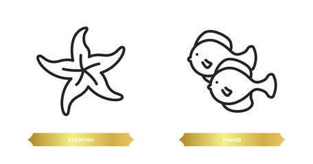 two editable outline icons from nautical concept. thin line icons such as starfish, fishes vector.