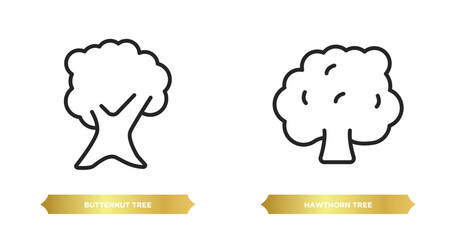 two editable outline icons from nature concept. thin line icons such as butternut tree, hawthorn tree vector.