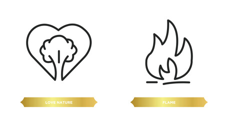 two editable outline icons from nature concept. thin line icons such as love nature, flame vector.