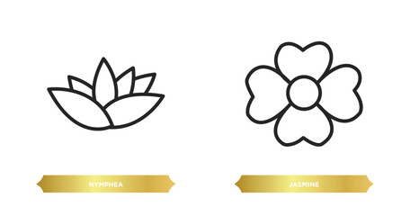 two editable outline icons from nature concept. thin line icons such as nymphea, jasmine vector.