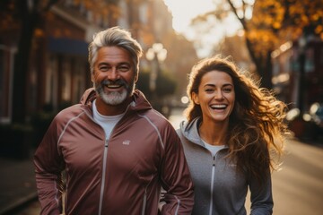 romantic couple is jogging together