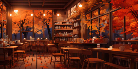 autumn night cafe wood interio twitch zoom vtuber asset obs screen anime chill hip stream overlay loop background interior of a coffee shop woodsy aesthetic during fall orange tones