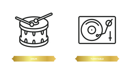 two editable outline icons from music concept. thin line icons such as drum, turntable vector.