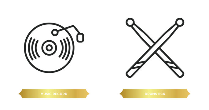 two editable outline icons from music and media concept. thin line icons such as music record, drumstick vector.