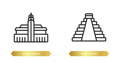 two editable outline icons from monuments concept. thin line icons such as hassan mosque, maya pyramid vector. - obrazy, fototapety, plakaty