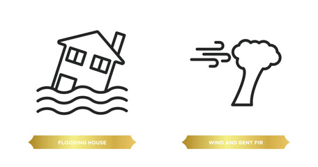 two editable outline icons from meteorology concept. thin line icons such as flooding house, wind and bent fir vector.