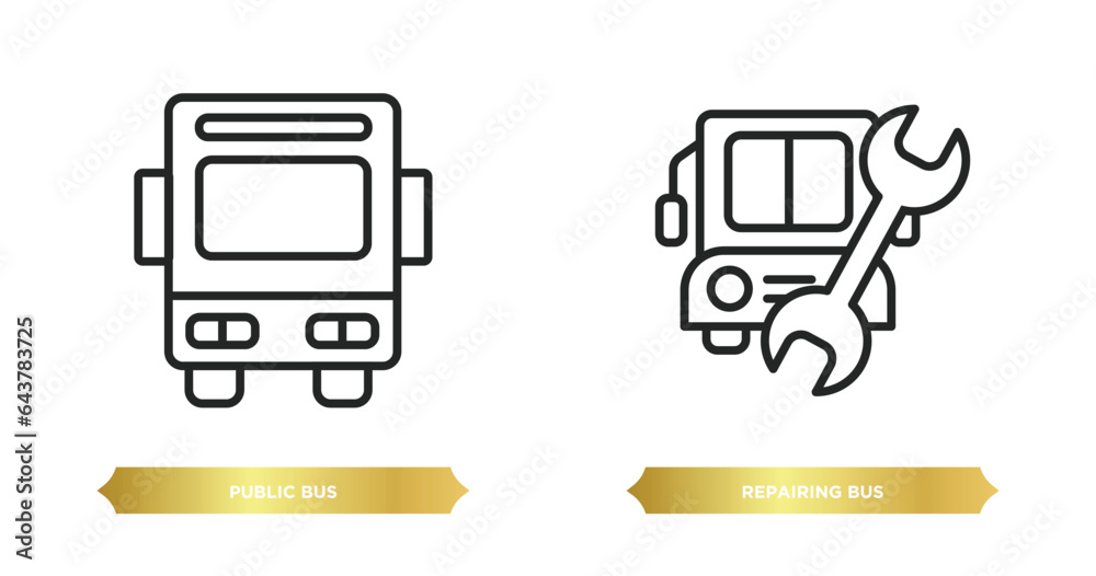 Poster two editable outline icons from mechanicons concept. thin line icons such as public bus, repairing b