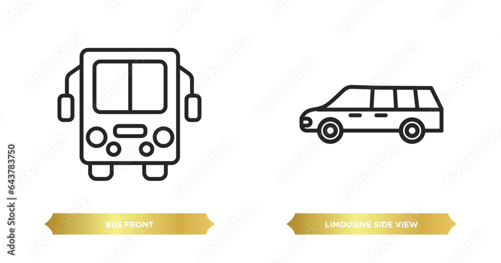 Poster two editable outline icons from mechanicons concept. thin line icons such as bus front, limousine si