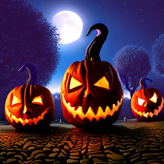 Scary Halloween jack-o-lantern pumpkins with glowing eyes at night and full moon in the background