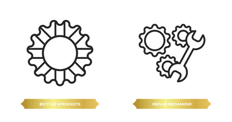 two editable outline icons from mechanicons concept. thin line icons such as bicycle sprockets, repair mechanism vector.