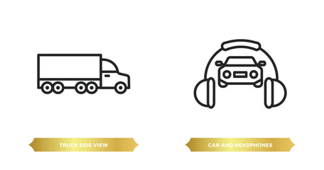 two editable outline icons from mechanicons concept. thin line icons such as truck side view, car and headphones vector.