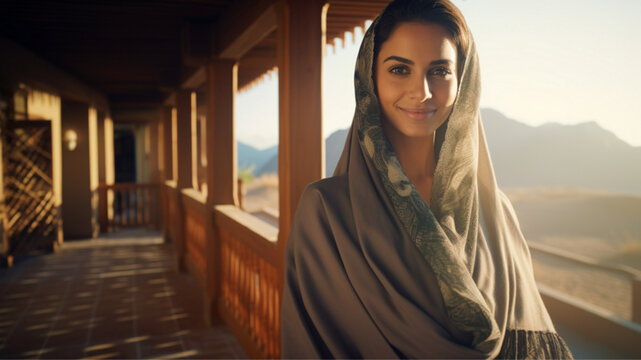 25 year old saudi woman wearing traditional dress, head covered, standing inside her villa home, confident smile, facing camera, soft morning light.
