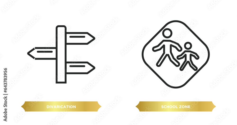 Poster two editable outline icons from maps and flags concept. thin line icons such as divarication, school