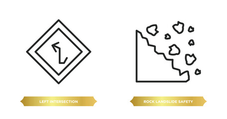 two editable outline icons from maps and flags concept. thin line icons such as left intersection, rock landslide safety vector.