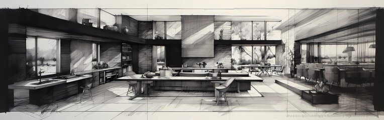A luxury black and white drawing sketch of an interior design by an architect designer - obrazy, fototapety, plakaty