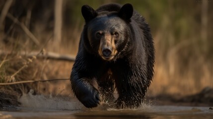 Close-up of a black bear in the water. Wildlife scene from nature.