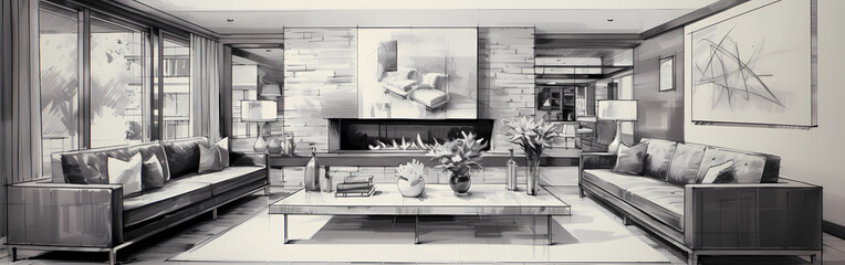A luxury black and white drawing sketch of an interior design by an architect designer