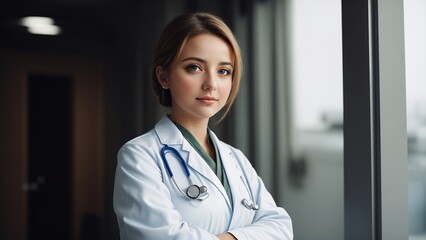 Photo of a female doctor wearing a lab coat, Generative AI