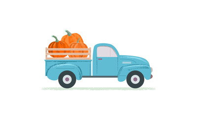 Blue retro truck with autumn harvest of orange pumpkins. Happy Thanksgiving card. Concept of farmers festival, delivery of eco-friendly vegetables. Vector illustration.