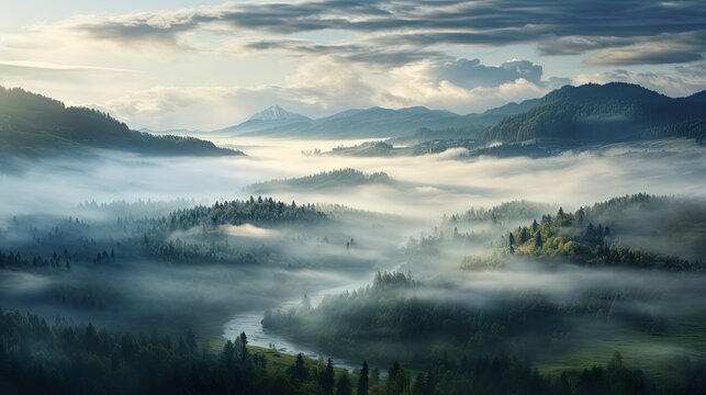  a painting of a valley with trees in the foreground and fog in the background.  generative ai