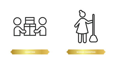 two editable outline icons from humans concept. thin line icons such as carrying, woman sweeping vector.