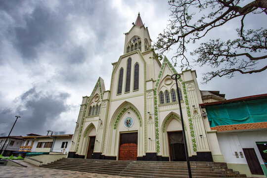 Betania, Antioquia - Colombia - August 24, 2023. Main park with the San Rafael Church, a Catholic temple of worship.