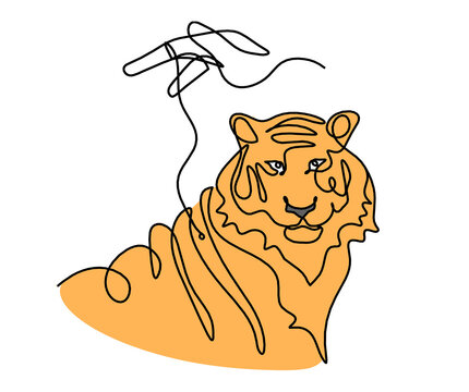 Silhouette of abstract color tiger with hand as line drawing