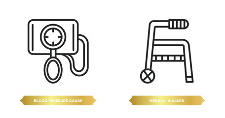 two editable outline icons from health and medical concept. thin line icons such as blood pressure gauge, medical walker vector.